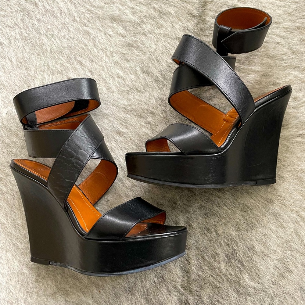 Givenchy black ankle wrap wedge sandals